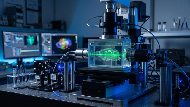AI-generated image of a light-sheet fluorescence microscope illuminating a cleared tissue specimen in a modern research laboratory. 