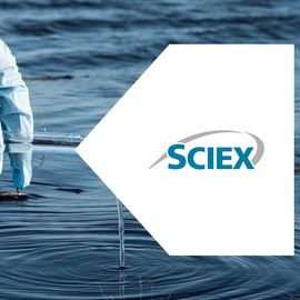 Gloved hand collecting a water sample for PFAS testing beside the SCIEX logo. 
