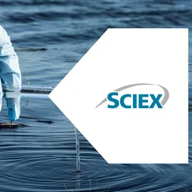 Gloved hand collecting a water sample for PFAS testing beside the SCIEX logo.