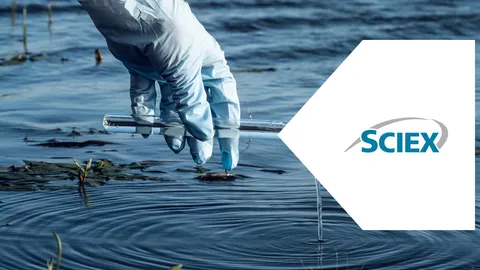 Gloved hand collecting a water sample for PFAS testing beside the SCIEX logo.