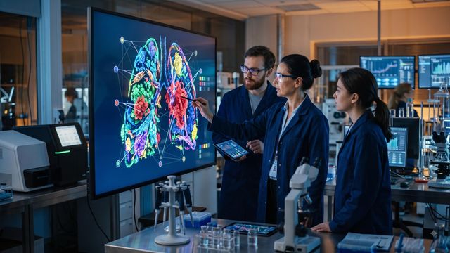 AI-generated image of researchers examining a 3D spatial cell atlas on a large screen in a modern genomics laboratory. 
