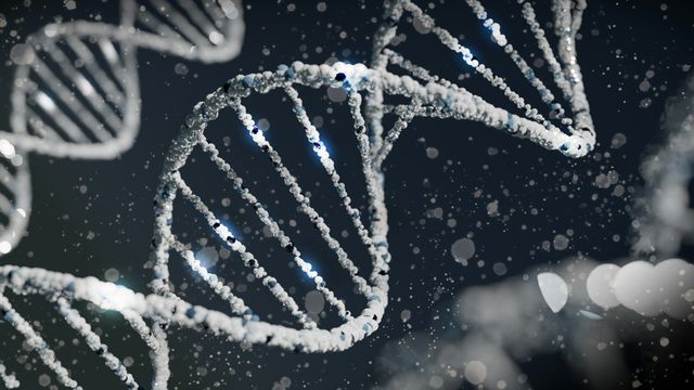 DNA double helix surrounded by floating molecular particles. 