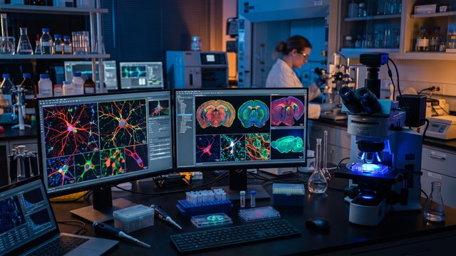 AI-generated image of a laboratory with spatial biology imaging data on monitors and fluorescent tissue samples nearby. 
