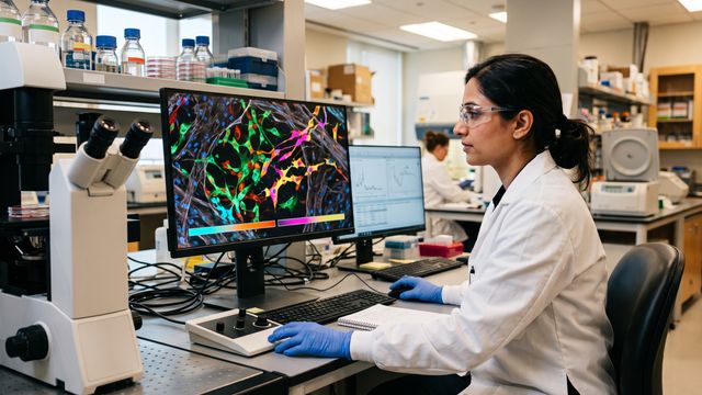 AI-generated image of a scientist observing live-cell fluorescence microscopy with spatiotemporal gene expression overlays in a research lab. 