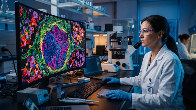 AI-generated image of a researcher examining a spatially mapped tumor microenvironment on a fluorescence microscopy display. 