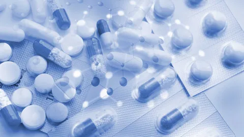 Assorted tablets and capsules in blister packs with molecular graphics, representing drug repurposing research.