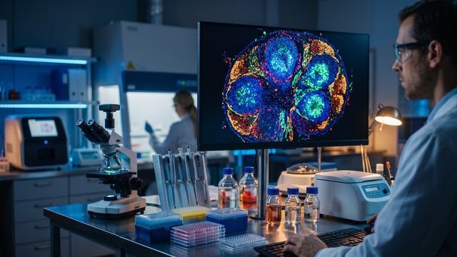 AI-generated image of high-plex multiplexed fluorescence microscopy data showing immune cell organization in tissue. 
