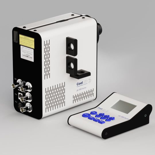 CoolLED pE-300 Series illumination system with control unit, connectors, display and blue keypad. 