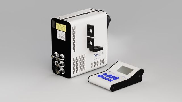 CoolLED pE-300 Series illumination system with control unit, connectors, display and blue keypad. 
