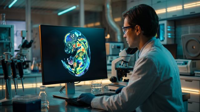 AI-generated image of a researcher examining a spatial gene expression heatmap overlaid on an embryo section in a laboratory. 