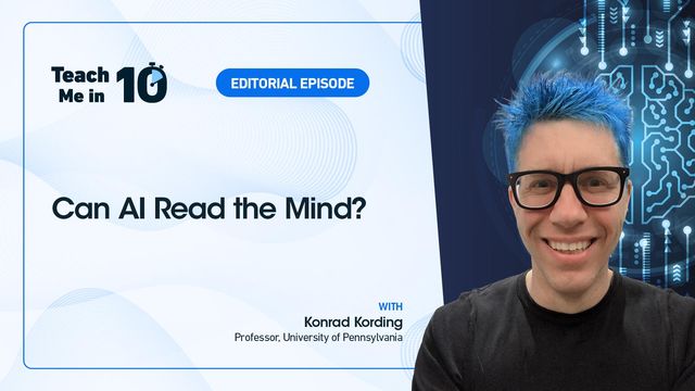 Professor Konrad Körding smiling next to the title of the presentation "Can AI Read the Mind?" 
