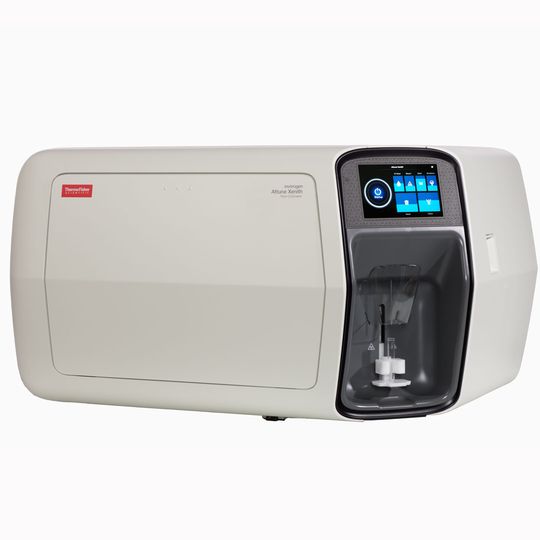 Thermo Fisher Scientific Attune Xenith flow cytometer with touchscreen and enclosed sample loading area. 
