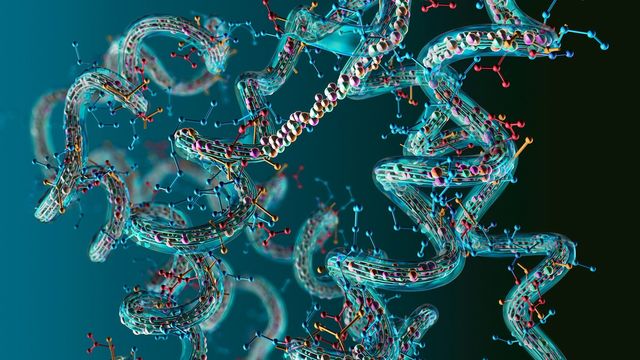 3D render of folded protein structures and molecular interactions, illustrating proteomics research and protein networks. 