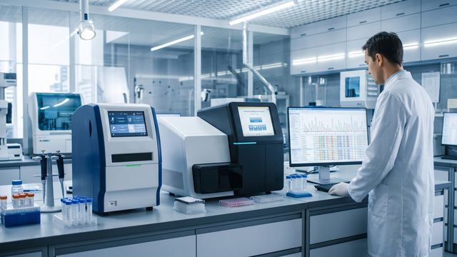 AI-generated image of a scientist in a modern sequencing laboratory with capillary and next-generation sequencing instruments side by side. 