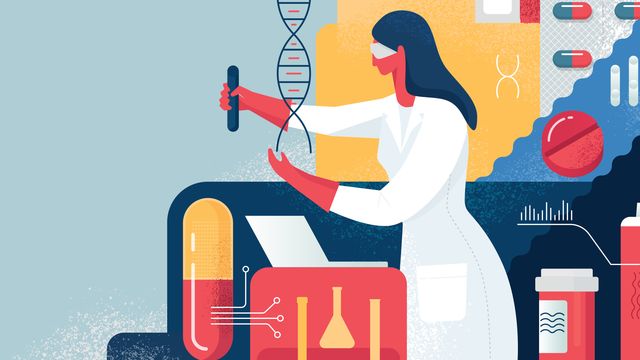 Illustration of an analytical scientist surrounded by colorful medicines, symbolizing biopharma analysis and bioseparation. 