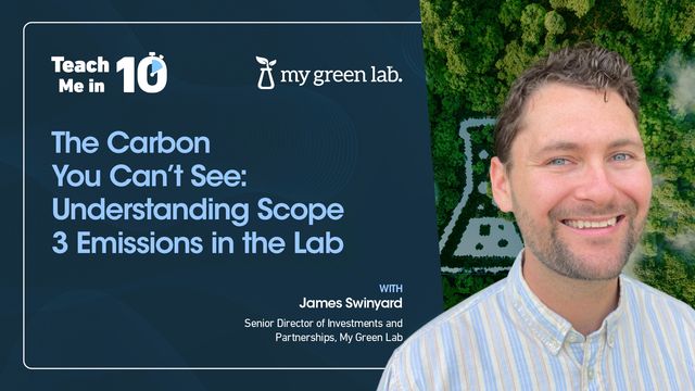 James Swinyard smiling next to his presentation title "The Carbon You Can't See: Understanding Scope 3 Emissions in the Lab" 
