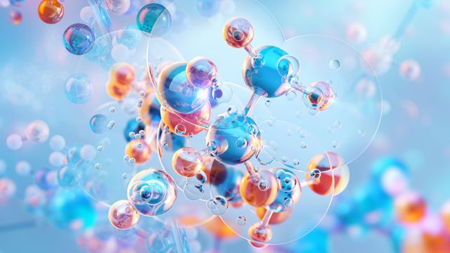 Illustration of ball and stick molecular models. The models are orange and blue and are floating on a blue background. 