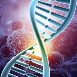 DNA double helix in front of microscopic cells, representing PCR assay development and molecular diagnostics.