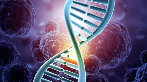 DNA double helix in front of microscopic cells, representing PCR assay development and molecular diagnostics.