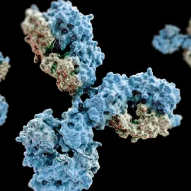 3D rendering of antibody proteins against a black background, representing biologic drug development and bioprocess scale-up.