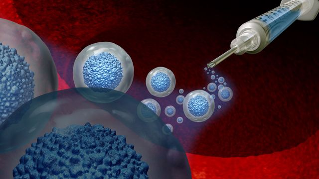 Render of induced pluripotent stem cell therapy being injected using a needle and syringe. 