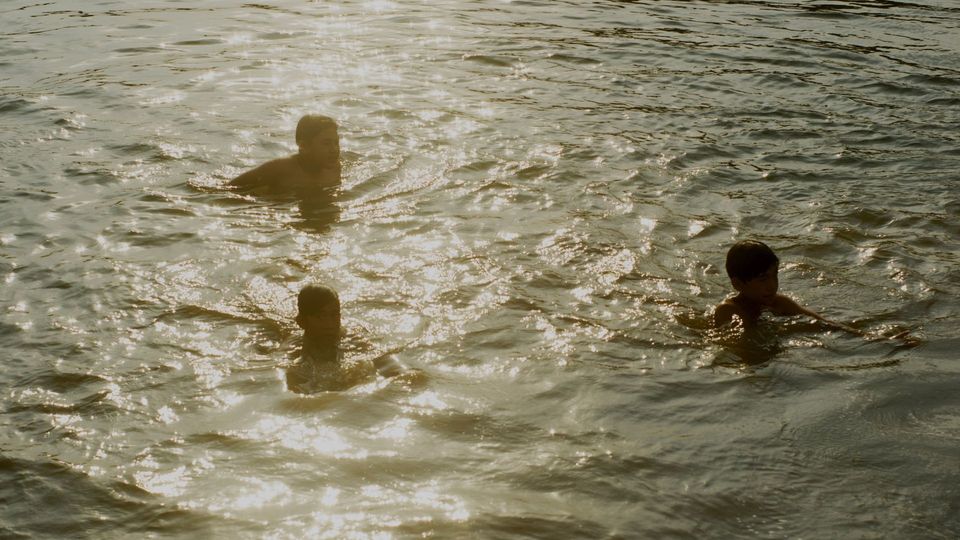 Children swimming in a shimmering lake.