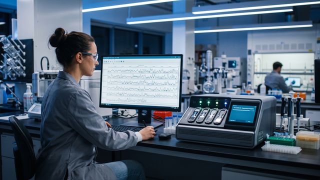 AI-generated image of a scientist examining long-read sequencing data on a monitor in a modern genomics laboratory. 