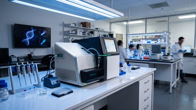 AI-generated image of a modern genomics laboratory featuring a DNA sequencing instrument under cool blue LED illumination. 
