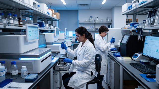 AI-generated image of scientists preparing samples in a modern sequencing laboratory with multiple instruments on benchtops. 