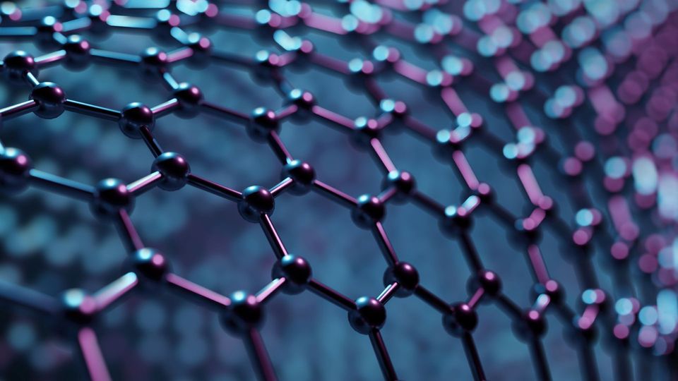 Graphene molecular structure with interconnected carbon atoms in a lattice pattern.