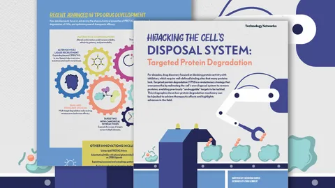Illustration of a robotic arm attaching ubiquitin chains to proteins on a conveyor belt before they pass through a processing machine to be broken down. 
