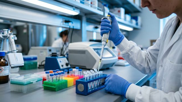 AI-generated image of a researcher pipetting into labeled tubes during RNA library preparation on a laboratory benchtop. 
