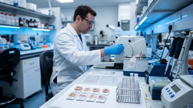 AI-generated image of a scientist sectioning an FFPE tissue block in a modern pathology laboratory. 