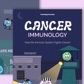 Two snippets of an infographic. The preview focuses on cartoon-style immune cells and a cancer cell in a prison-escape scene.  