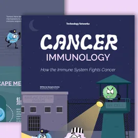 Two snippets of an infographic. The preview focuses on cartoon-style immune cells and a cancer cell in a prison-escape scene. 