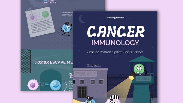 Two snippets of an infographic. The preview focuses on cartoon-style immune cells and a cancer cell in a prison-escape scene.  