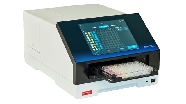 Absorbance microplate reader for laboratory sample analysis. 