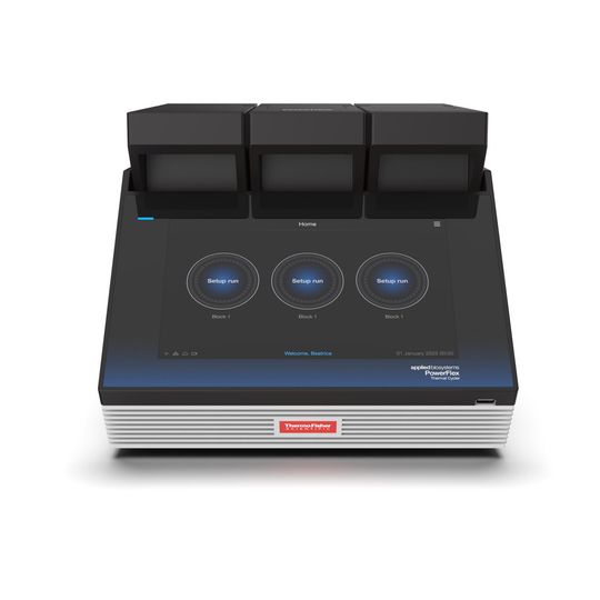 Thermo Fisher Scientific Applied Biosystems thermal cycler with three sample blocks and touchscreen controls. 