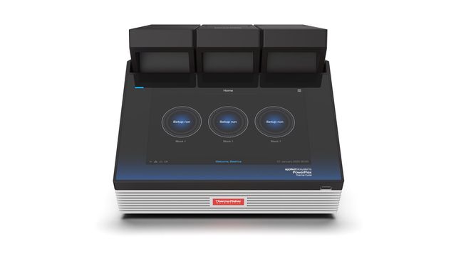 Thermo Fisher Scientific Applied Biosystems thermal cycler with three sample blocks and touchscreen controls. 