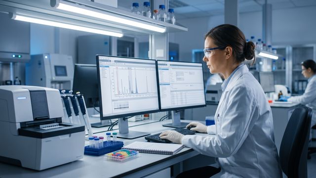 AI-generated image of a scientist reviewing sequencing quality control data on a laboratory workstation. 