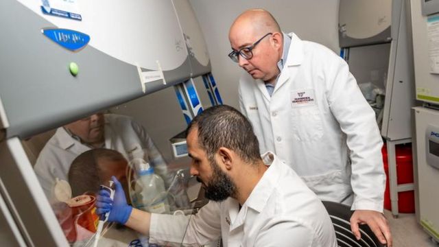 Researcher conducting laboratory work with scientific equipment. 