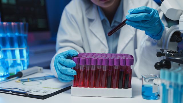 Scientist at a workbench holding a test tube containing a blood sample. 