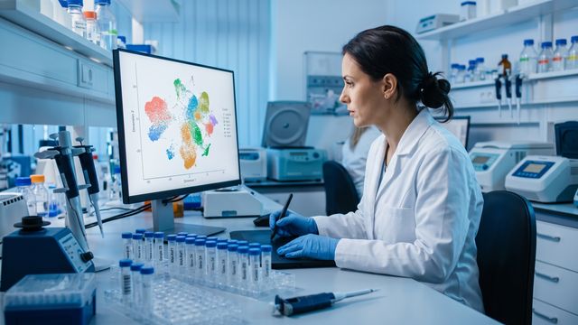 AI-generated image of a scientist reviewing sequencing sample clustering data in a modern genomics laboratory. 