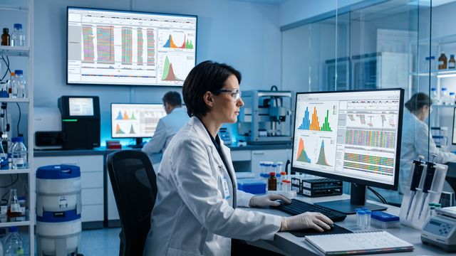 AI-generated image of a scientist examining allele frequency data on a screen in a modern genomics laboratory setting. 