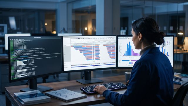 AI-generated image of a bioinformatics researcher examining NGS data analysis pipeline outputs across multiple monitors. 