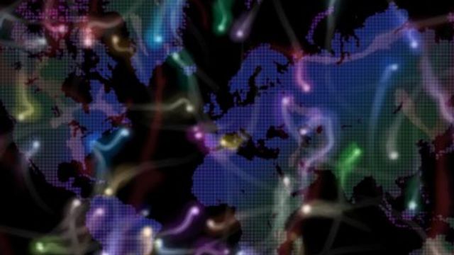Abstract illustration of a world map overlaid with colorful glowing networks, representing neuroimaging results. 
