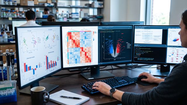 AI-generated image of a bioinformatics researcher reviewing RNA-seq differential expression visualizations on multiple monitors. 