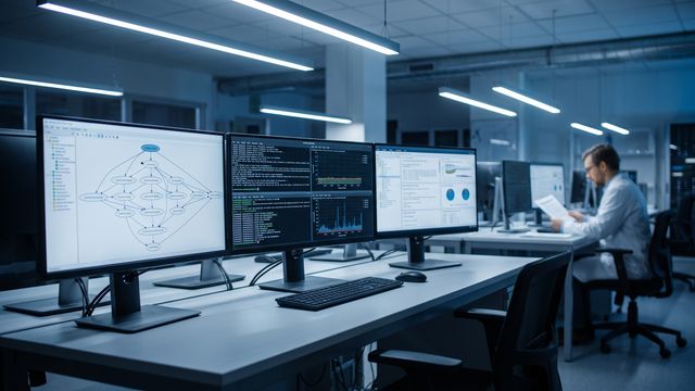 AI-generated image of a bioinformatics researcher reviewing workflow execution graphs on multiple monitors in a genomics laboratory. 