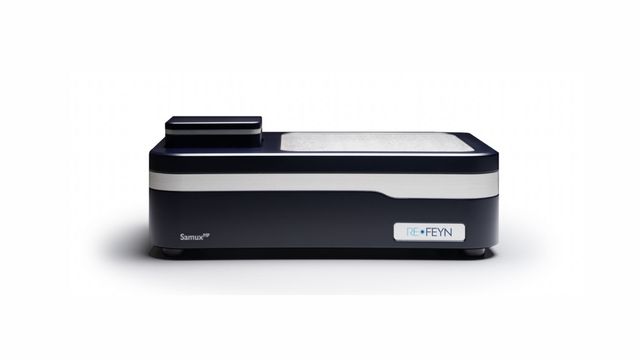 Refeyn SamuxMP mass photometer, a compact black and silver laboratory instrument shown against a white background 