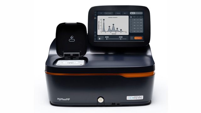Refeyn MyMassMP mass photometer with open sample stage and touchscreen displaying a mass distribution graph. 